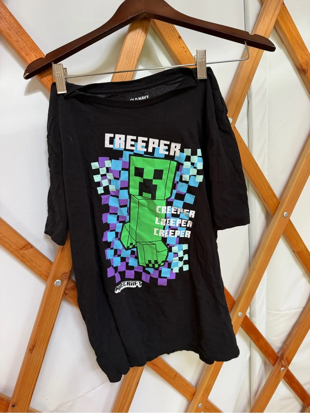 Old Navy Black Tee with Green Creeper and Purple & Blue Check Graphic